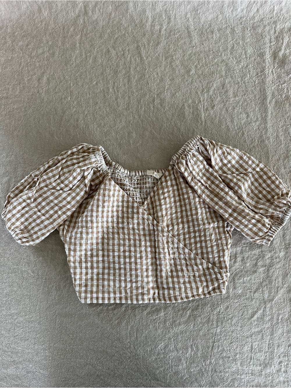 Country Beige and White Gingham Puff Sleeve Crop Top